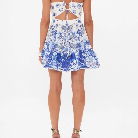 Bejeweled Linen Minidress with Cut Outs in Immortal Ink blue tattoo print - Picture 6 of 11